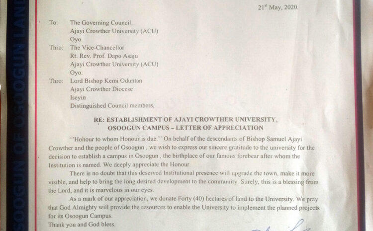  OSOOGUN PEOPLE WRITE LETTER OF APPRECIATION TO AJAYI CROWTHER UNIVERSITY
